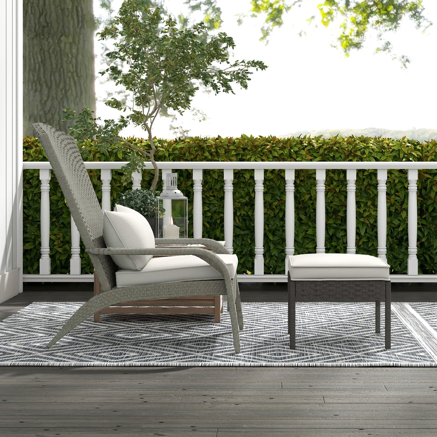 Wicker Adirondack Chair with Ottoman, Patio Cushioned Muskoka Chair, Outdoor Fire Pit Chair with High-back and Armrests,