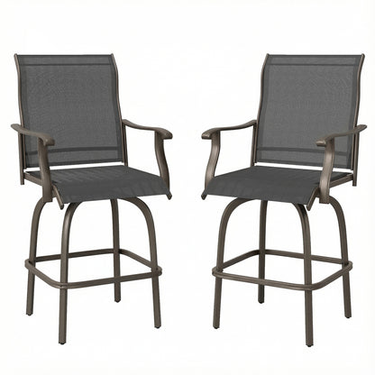 Outdoor Bar Stools Set of 2, Swivel Bar Height Chairs with High Back, Curved Armrests and Steel Frame, Black
