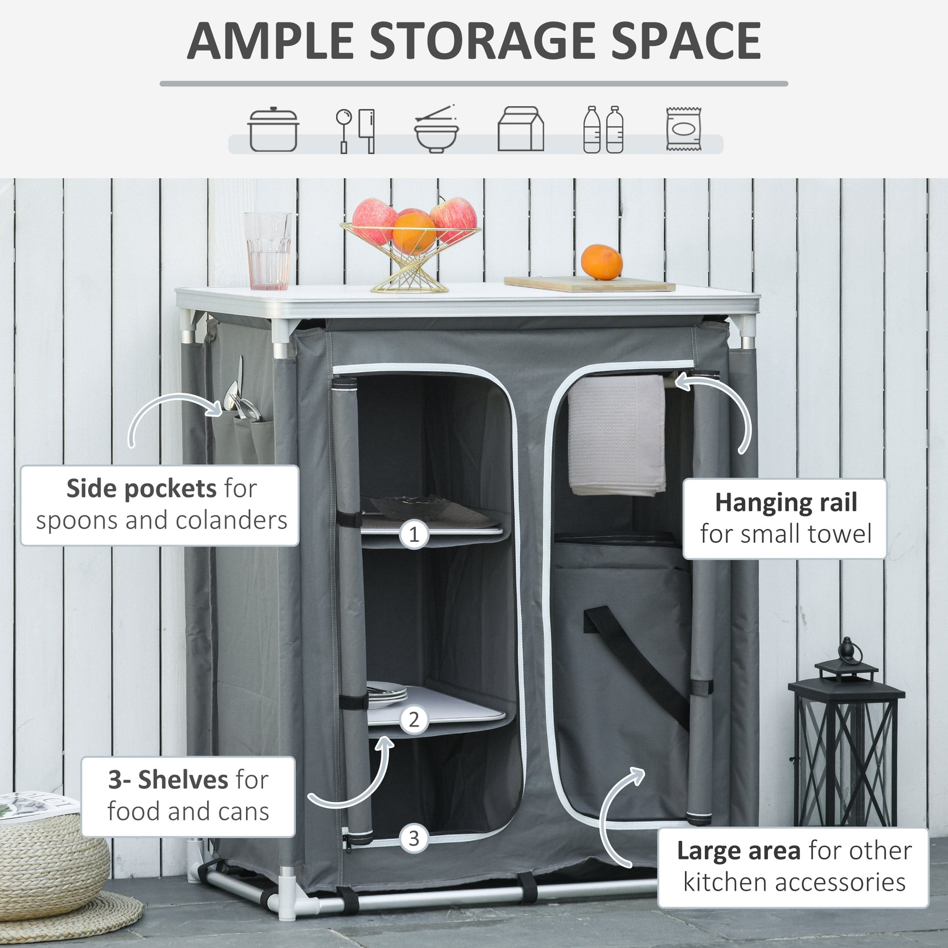 Aluminum Camping Table, Camping Kitchen Station Cook Cupborad with 3-Shelf, Storage Organiser for BBQ Party Picnic Grey