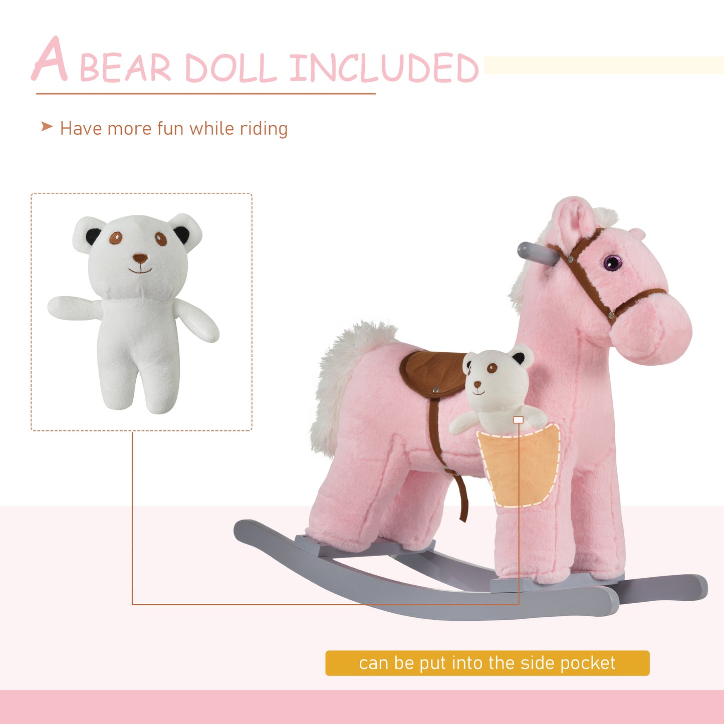 Qaba Kids Rocking Horse Plush Animal on Wooden Rockers with Sounds, Wooden Base and Bear Toy, Baby Rocking Chair, Pink