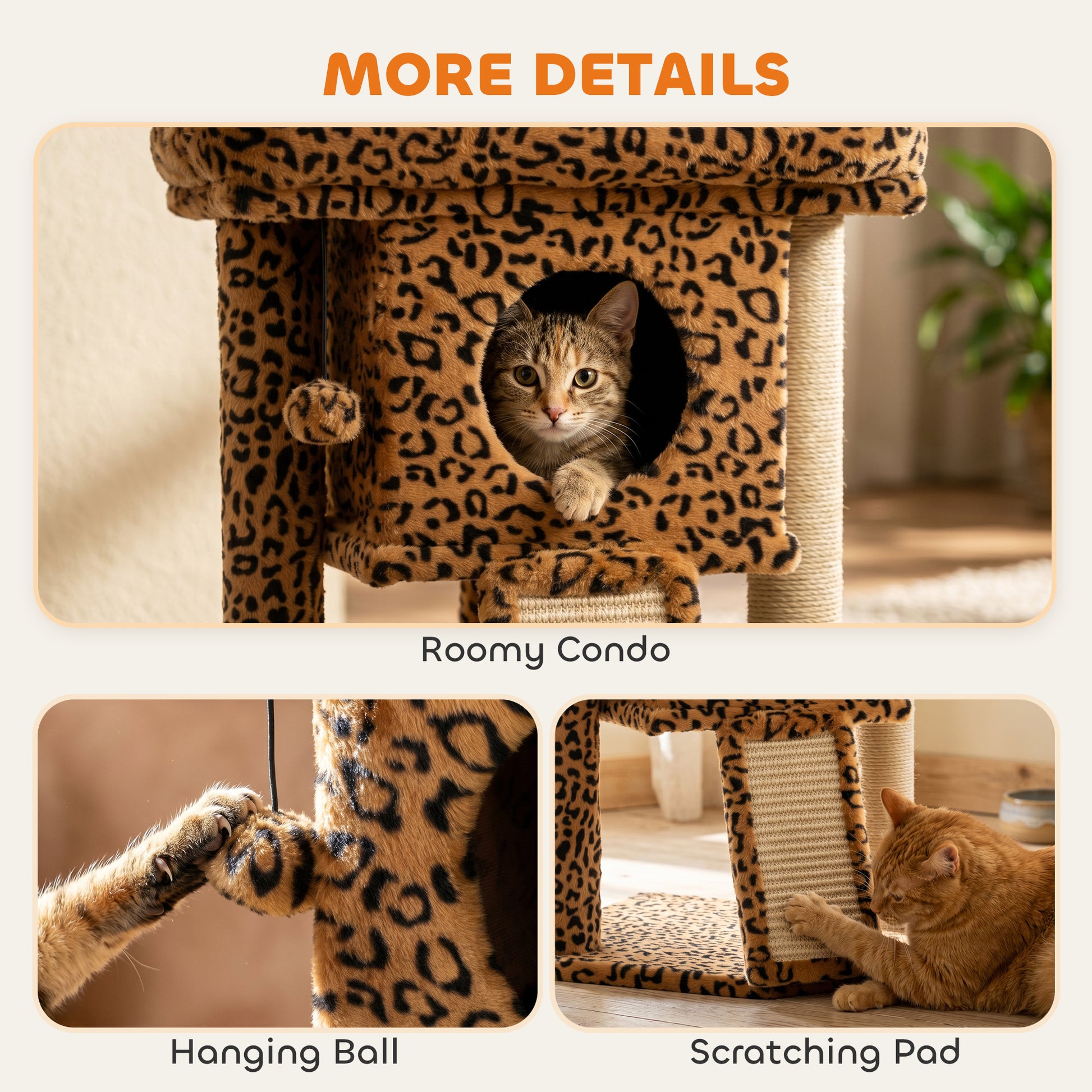 Cat Tree, Small Cat Tower with Perch, Scratching Post, Cat Condo, Toy Ball for Kitty, Leopard Print