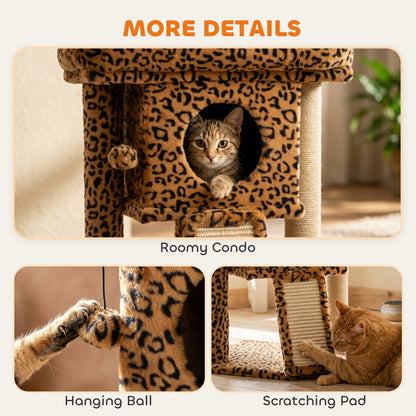 Cat Tree, Small Cat Tower with Perch, Scratching Post, Cat Condo, Toy Ball for Kitty, Leopard Print