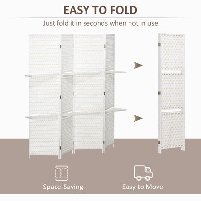 4 Panel Room Divider with Shelves, 6 FT Freestanding Folding Privacy Screen, Partition Wall Divider for Bedroom, White