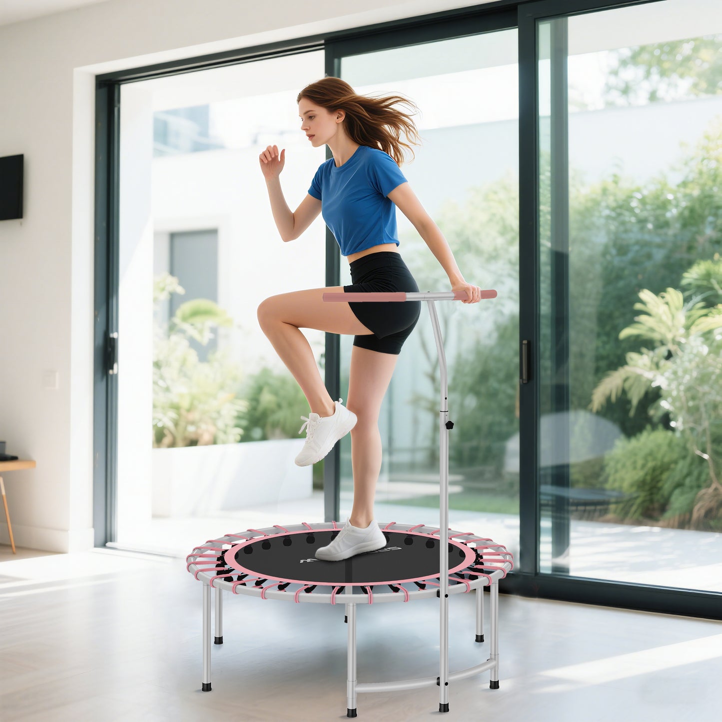 Soozier 40" Foldable Rebounder Trampoline ,Mini Trampoline Indoor with Adjustable Handle, Quiet and Safe Bungee Rebounde