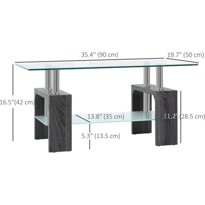 Rectangle Glass Coffee Table, 2-Tier Center Table with Tempered Glass Top and Storage Shelf for Living Room, Grey
