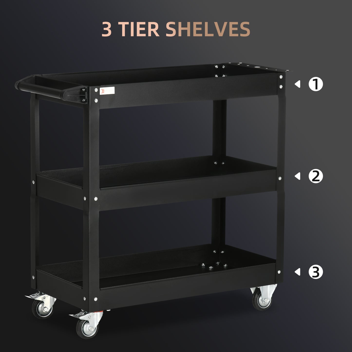 3 Tier Rolling Tool Cart with Wheels, 330 LBS Capacity Heavy Duty Utility Cart, Mobile Service Cart for Garage, Black