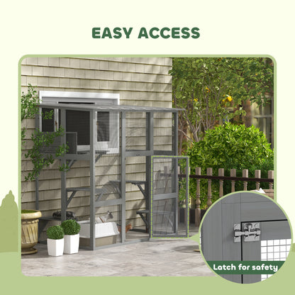 Large Outdoor Catio with Weatherproof Roof, Bridge, Resting Box, Platforms, Grey