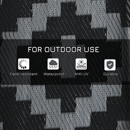 Reversible Outdoor Rug Waterproof Plastic Straw RV Rug with Carry Bag, 8' x 10', Black and Grey Geometric