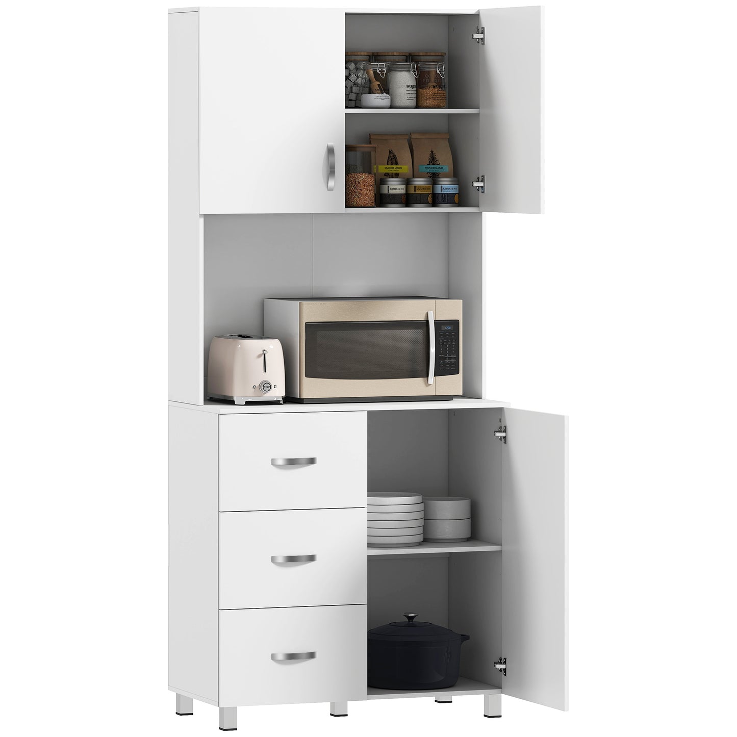 Freestanding Kitchen Buffet with Hutch Storage Organizer with 2 Door Cabinets, 3 Drawers and Open Countertop, Adjustable