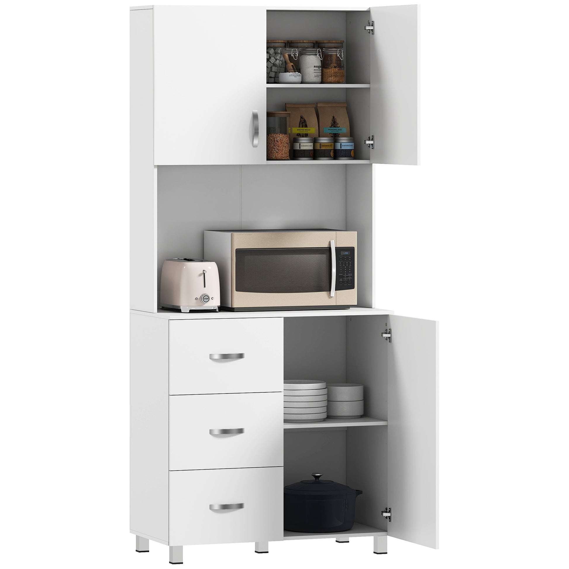 Freestanding Kitchen Buffet with Hutch Storage Organizer with 2 Door Cabinets, 3 Drawers and Open Countertop, Adjustable
