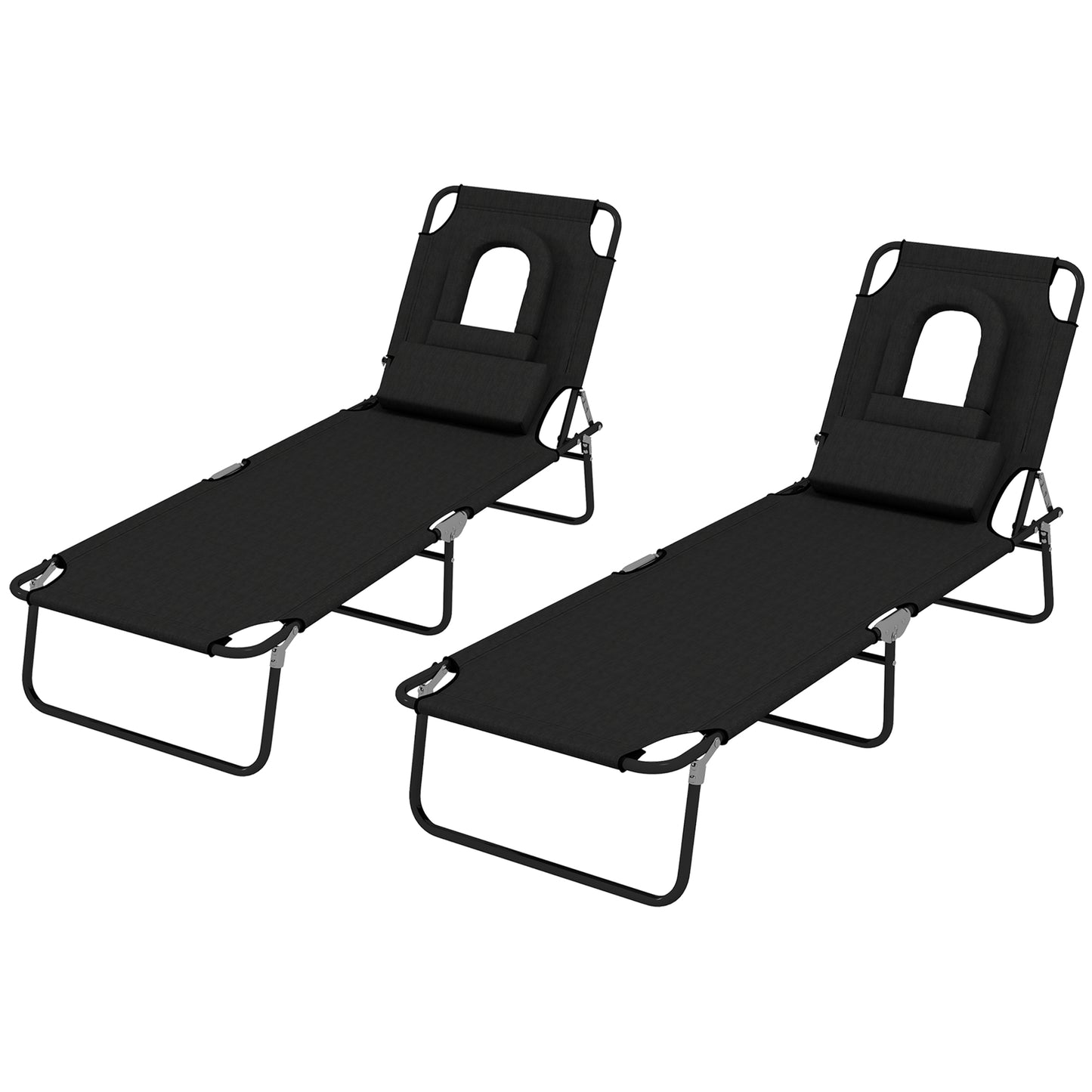 Folding Lounge Chair Set of 2, Reclining Beach Tanning Chair with Face Hole, Pillow, 4-Position Adjustable Flat Sun Loun