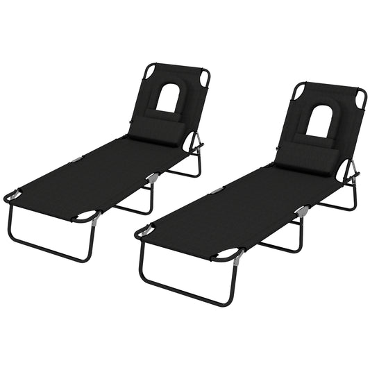 Folding Lounge Chair Set of 2, Reclining Beach Tanning Chair with Face Hole, Pillow, 4-Position Adjustable Flat Sun Loun