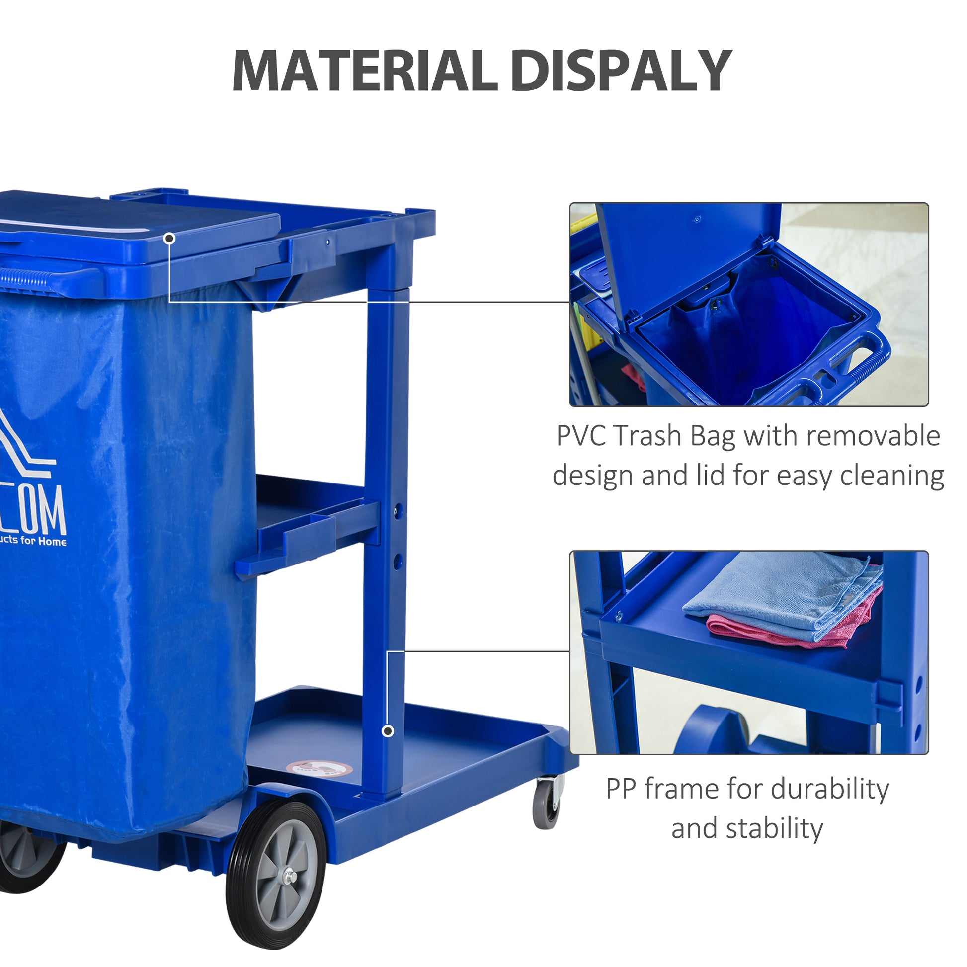 Commercial Janitorial Cart with 3-Tier Shelves, Trash Bag and Mop Holder - Blue - Image 5
