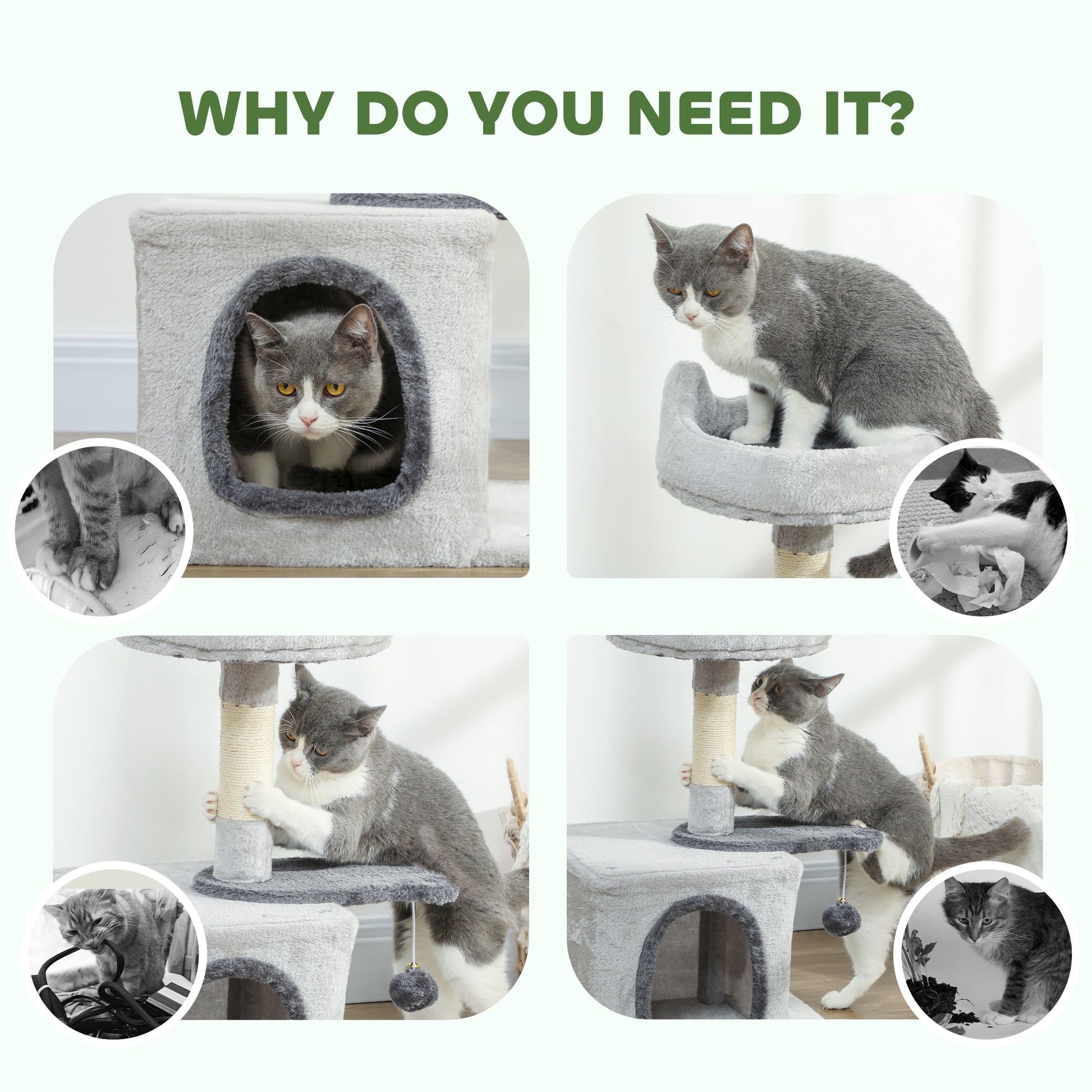 28" Cat Tree Tower with Plush Top Bed, Cozy Condo, Sisal Scratching Post, Perch, Dangling Ball, Light Grey