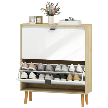 Narrow Shoe Cabinet, High Gloss Shoe Storage Cabinet with 2 Flip Drawers and Adjustable Shelves, Holds 16 Pairs, White
