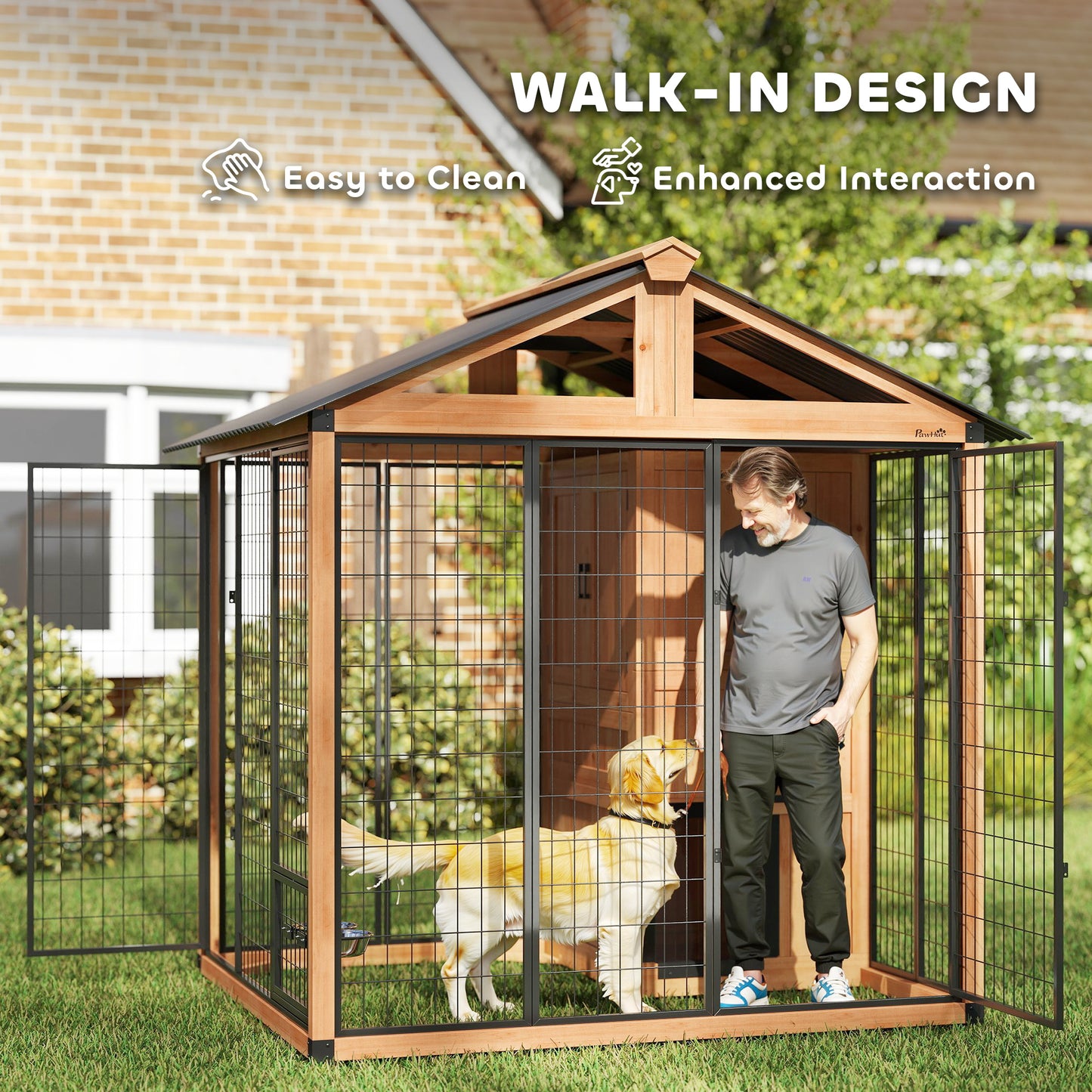 86" L Dog House Outdoor, Wooden Dog Kennel with Storage Cabinet, Stainless Steel Bowls for Large Breeds, Yellow