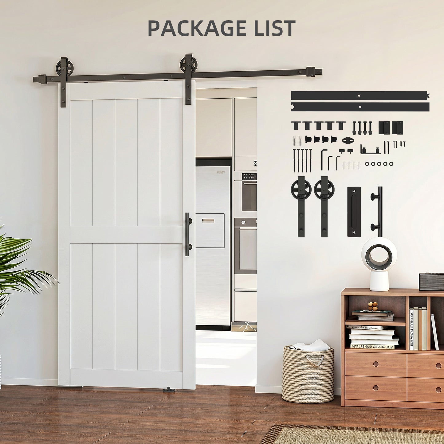 36inx84in Barn Door with 6FT Sliding Door Hardware Kit, Handle, Upgraded Rollers and Floor Guide, Waterproof, White