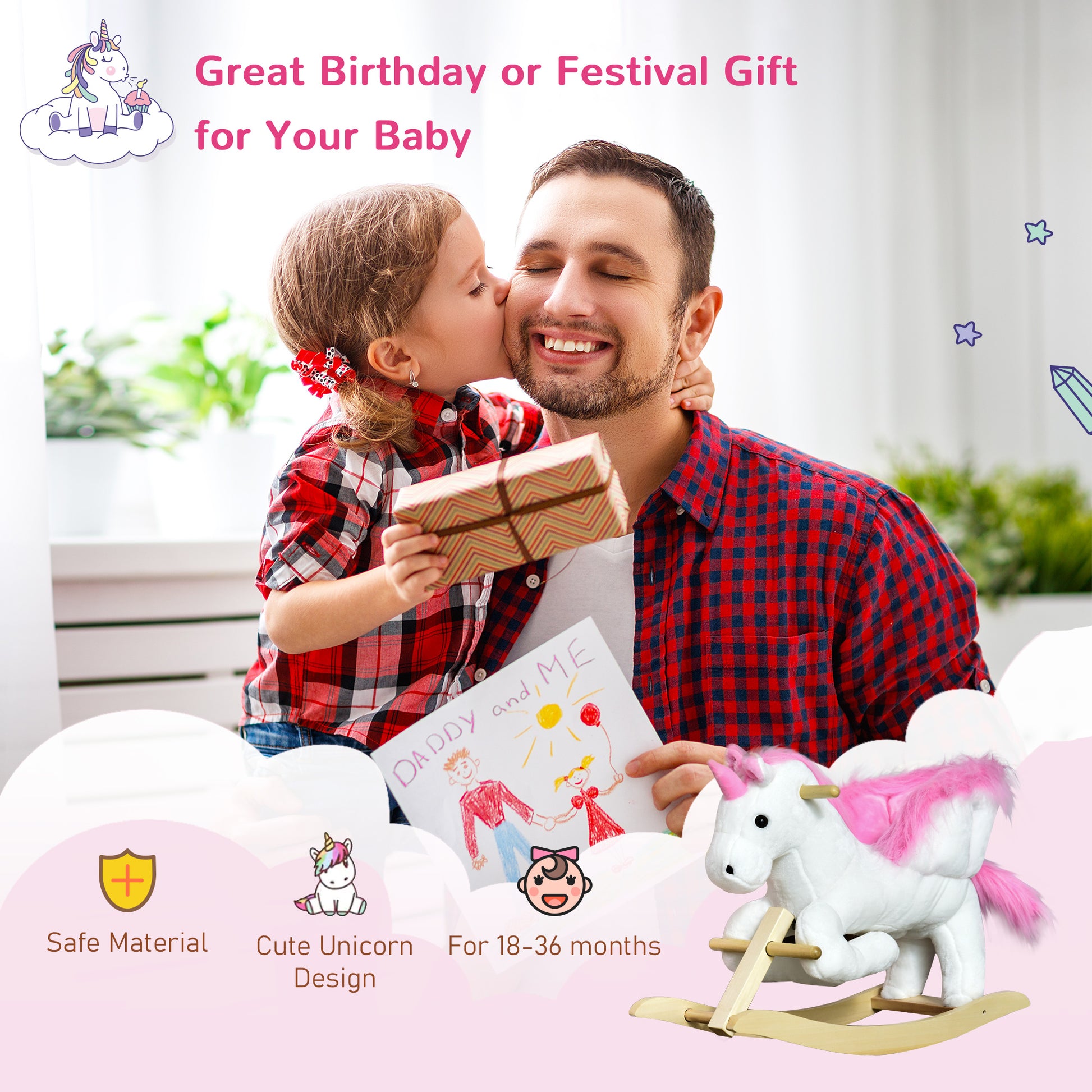 Qaba Baby Rocking Horse, Plush Animal Rocker for Toddlers Aged 18-36 Months, Stuffed Ride Toy with Sounds, Seat Belt, Wh