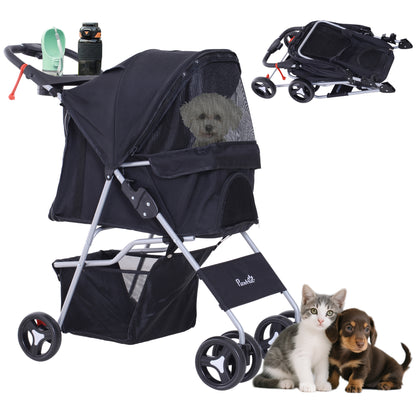Cat Dog Stroller, One-click Foldable Pet Stroller w/Cup Holder, 4 Wheels Travel Carrier w/Brakes, 360° Swiveling Front W