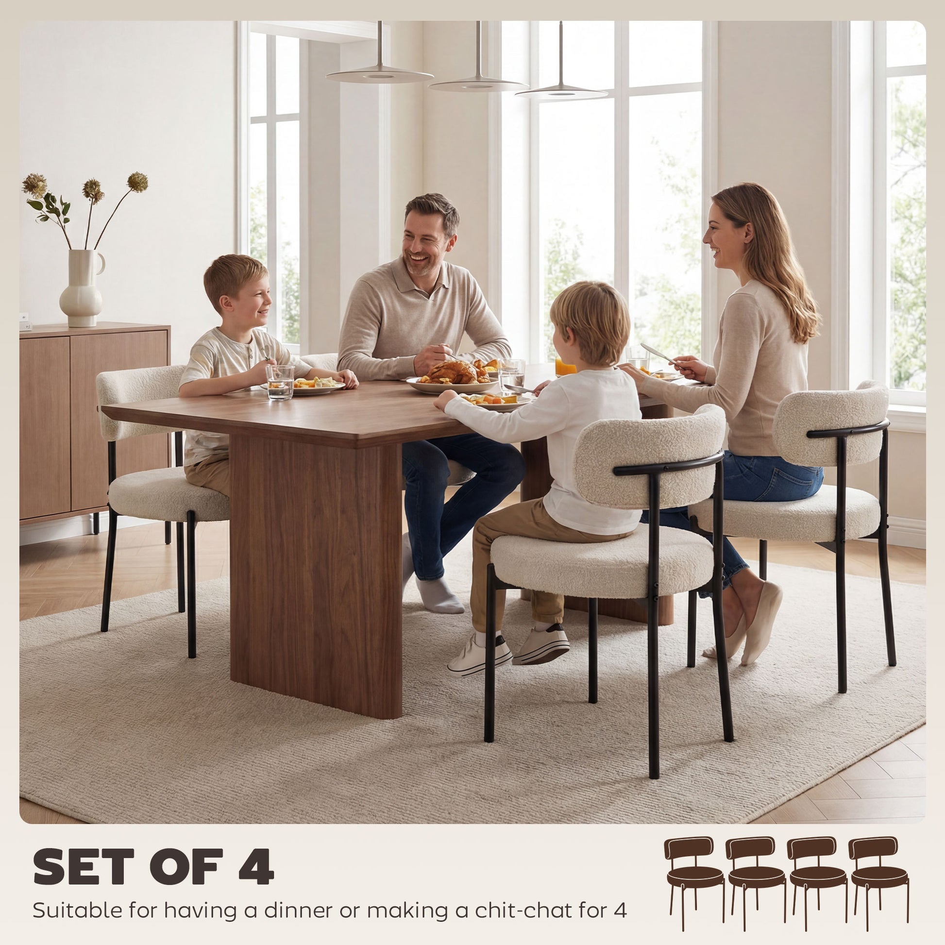 4 Pieces Kitchen Chairs, Modern Dining Chairs w/ Berber Fleece Upholstery and Steel Legs for Living Room, Beige