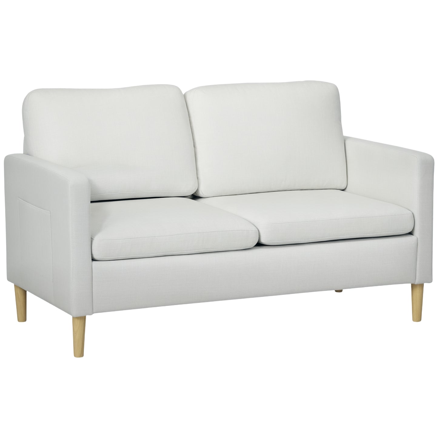 56" 2 Seat Sofa, Modern Love Seats Furniture, Upholstered 2 Seater Couch with Side Pockets, Solid Wood Frame, White
