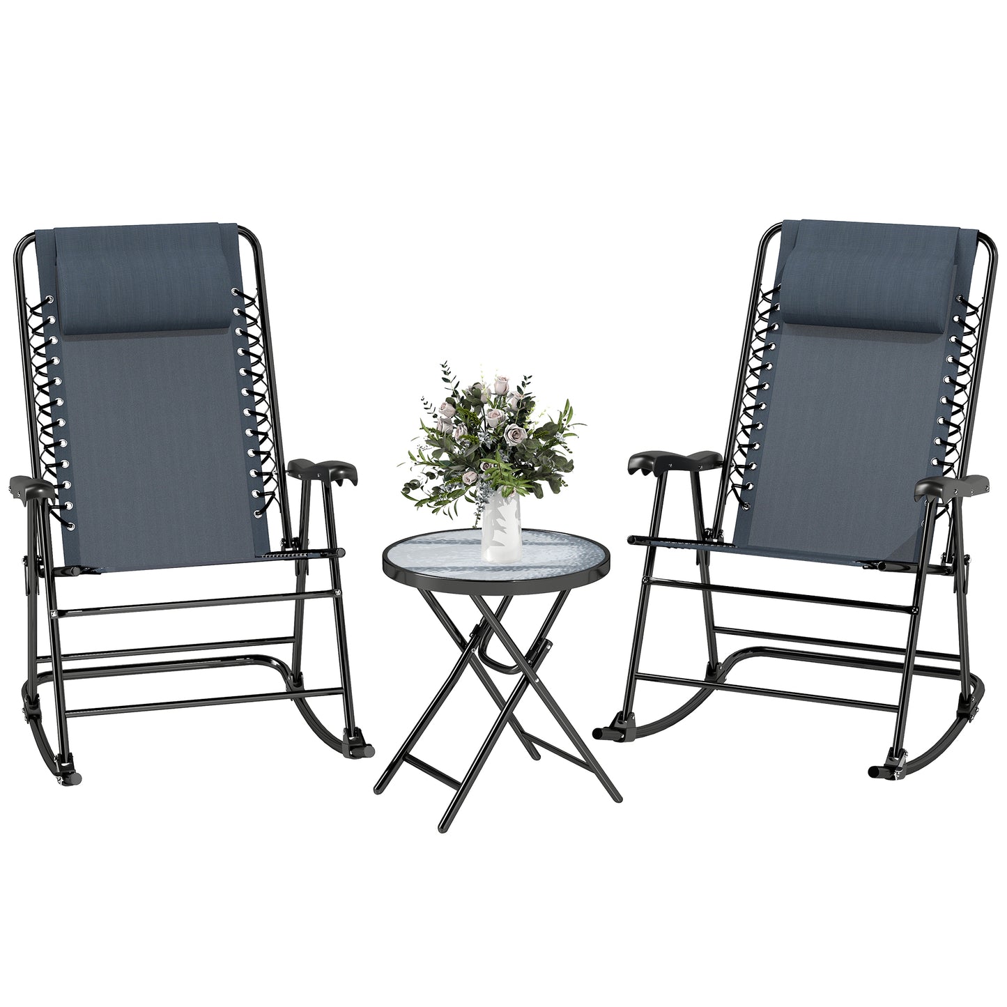 3pc Patio Rocking Chair Set, Folding Outdoor Rocking Chairs and Table Bistro Set w/ Breathable Mesh Seat & Backrest, Hea
