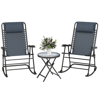 3pc Patio Rocking Chair Set, Folding Outdoor Rocking Chairs and Table Bistro Set w/ Breathable Mesh Seat & Backrest, Hea