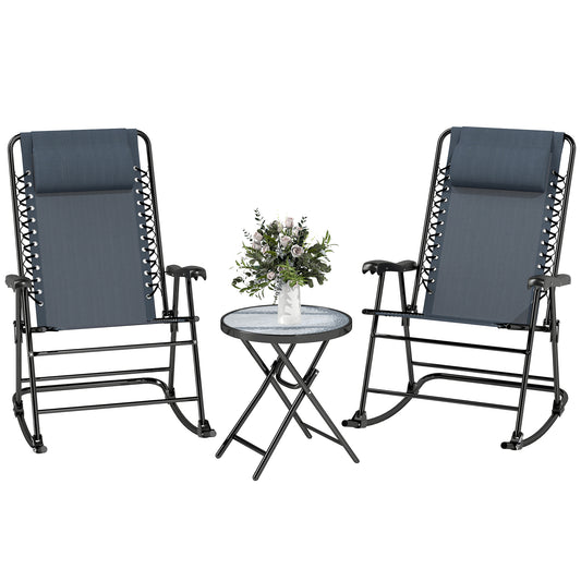 3pc Patio Rocking Chair Set, Folding Outdoor Rocking Chairs and Table Bistro Set w/ Breathable Mesh Seat & Backrest, Hea