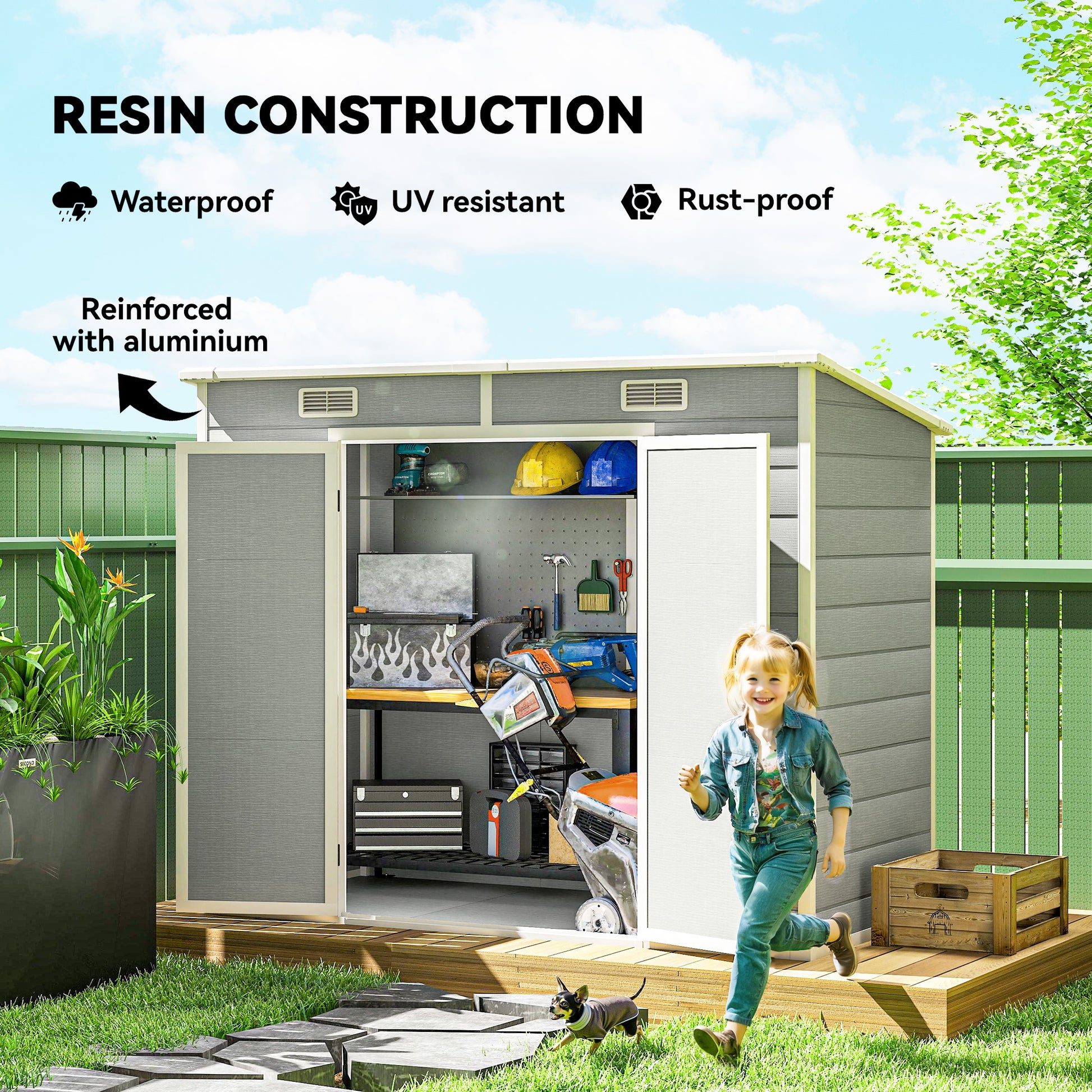 8' x 4' Resin Outdoor Storage Shed with Floor, Window, Lockable Doors and Vents for Backyard Patio Lawn, Light Grey