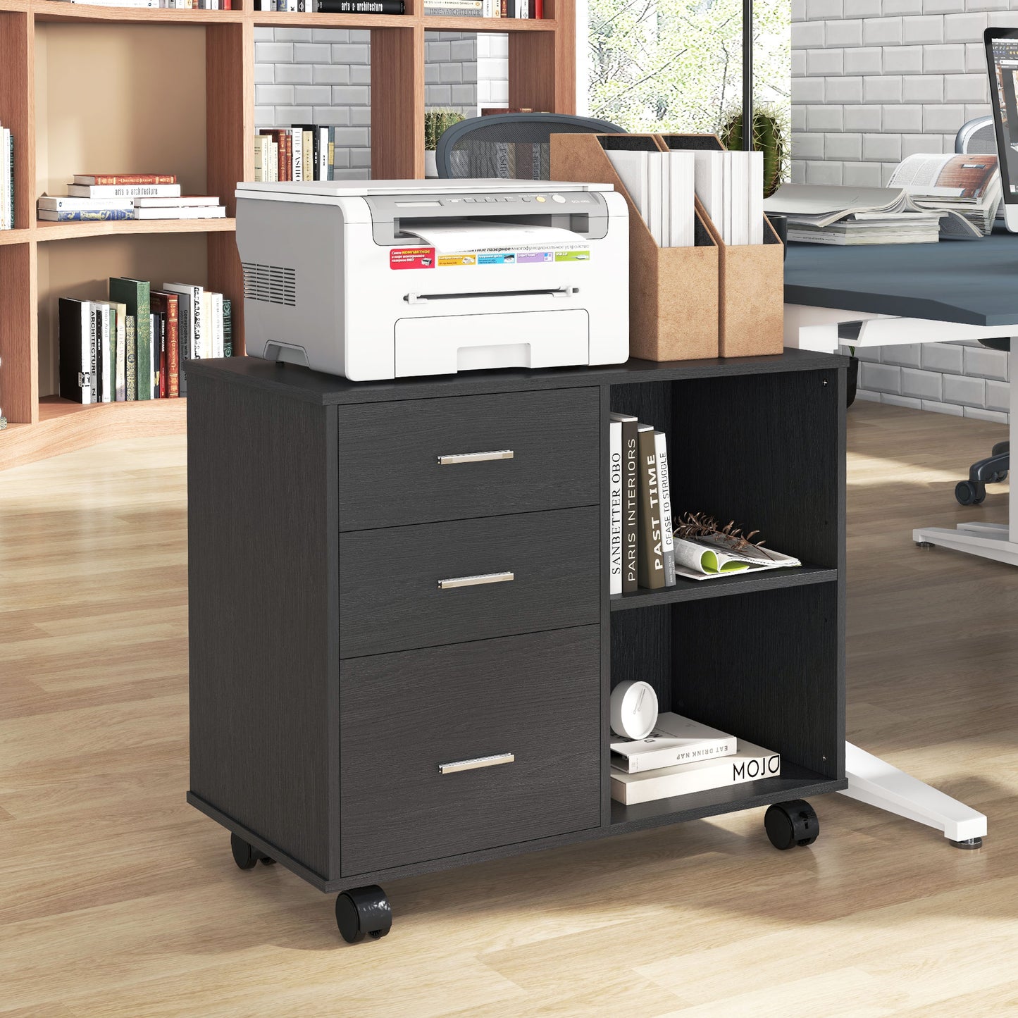 Modern Lateral Filing Cabinet, 3 Drawer File Cabinet for Letter and A4 Size Documents, Mobile, Printer Stand with Open S
