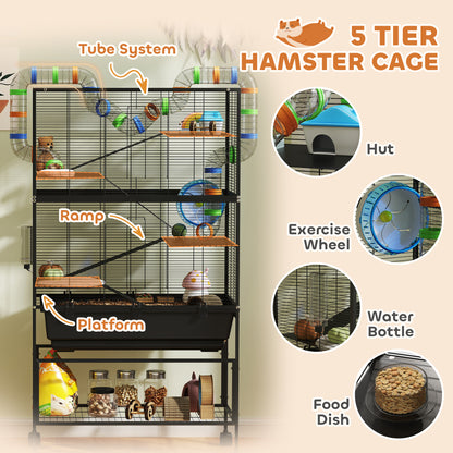 5 Tier Rolling Hamster Cage with 7" Deep Tray, Storage Shelf, Big Exercise Wheel, Tube System, for Syrian, Gerbil, Rat