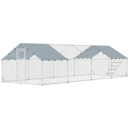 Large Metal Chicken Run with Waterproof & UV-Resistant Cover, Feeding Door, Hanging Feeder, Perch, for 24-30 Chickens