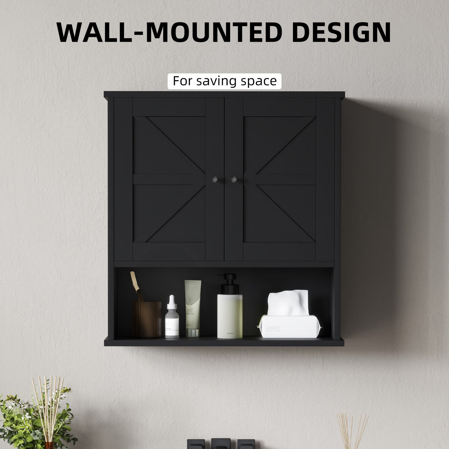 Farmhouse Bathroom Medicine Cabinet, Wall Cabinet with Barn Doors, and Adjustable Shelf for Laundry Room, Black