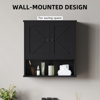 Farmhouse Bathroom Medicine Cabinet, Wall Cabinet with Barn Doors, and Adjustable Shelf for Laundry Room, Black