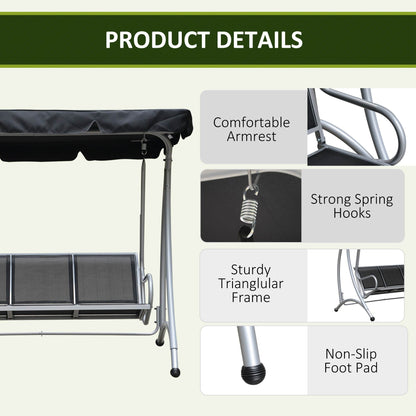 3-Seater Outdoor Swing Chair Bench with Adjustable Canopy, Black