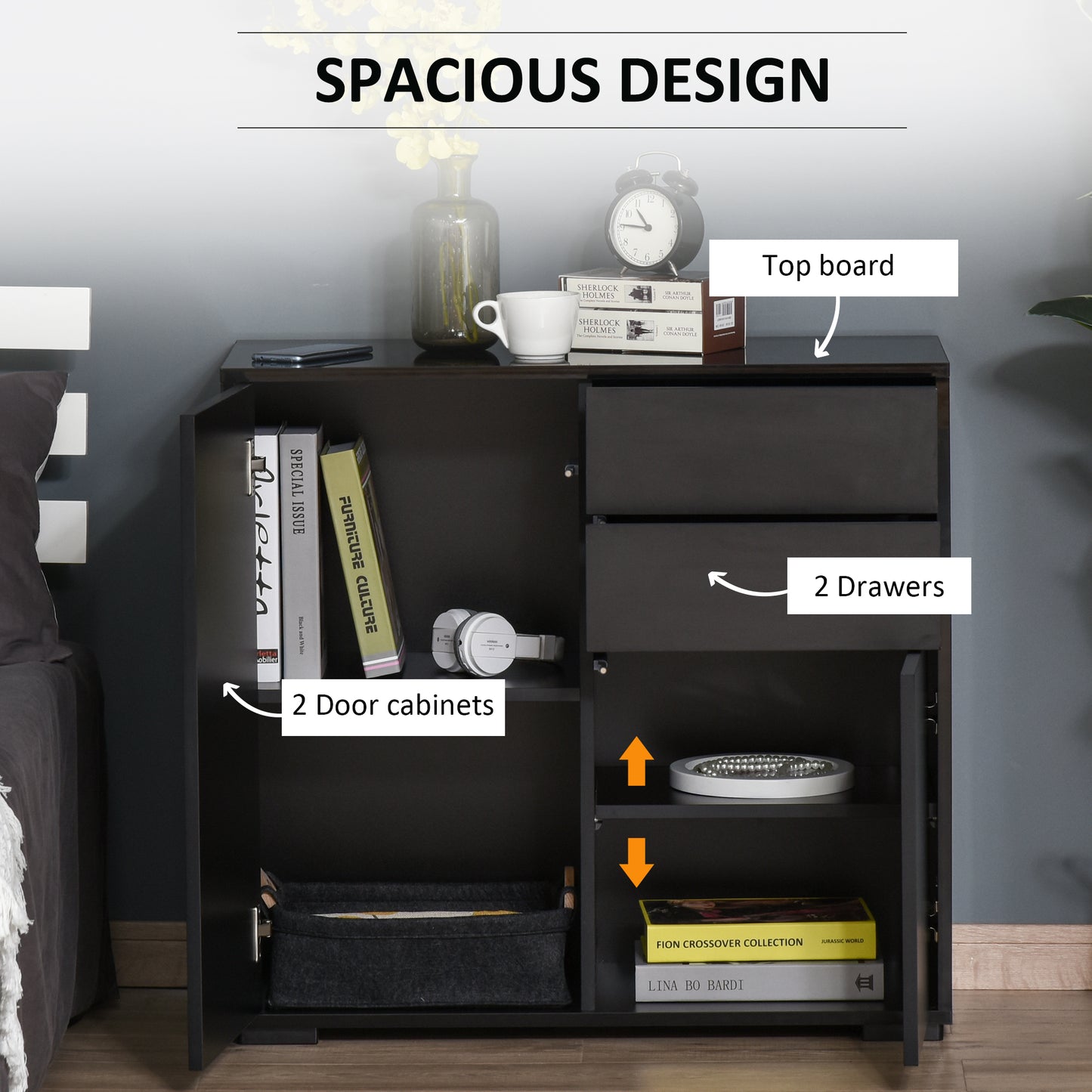 High Gloss Buffet Sideboard with 2 Drawers, 2 Doors and Adjustable Shelf, Kitchen Storage Cabinet with Push Open Design,