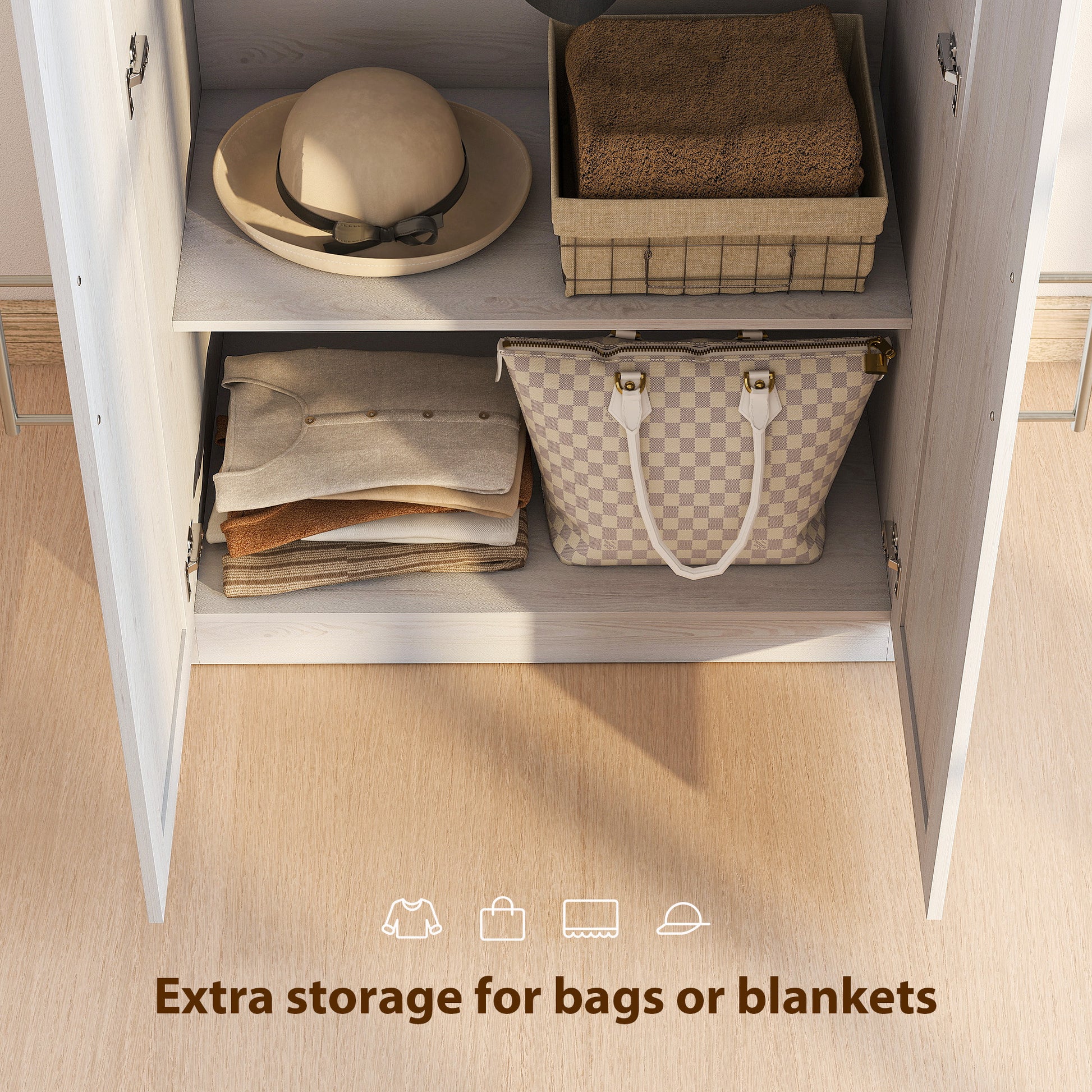 Wardrobe Cabinet with Hanging Rod, Anti-Tipping and 2 Barn Doors, Farmhouse Wardrobe Closet for Bedroom, White Wood Effe