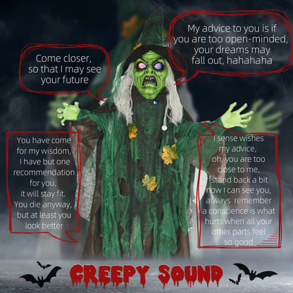 72 Inch/6ft Life Size Outdoor Halloween Decoration Witch, Animated Prop Decor with Sound and Motion Activated, Light Up 