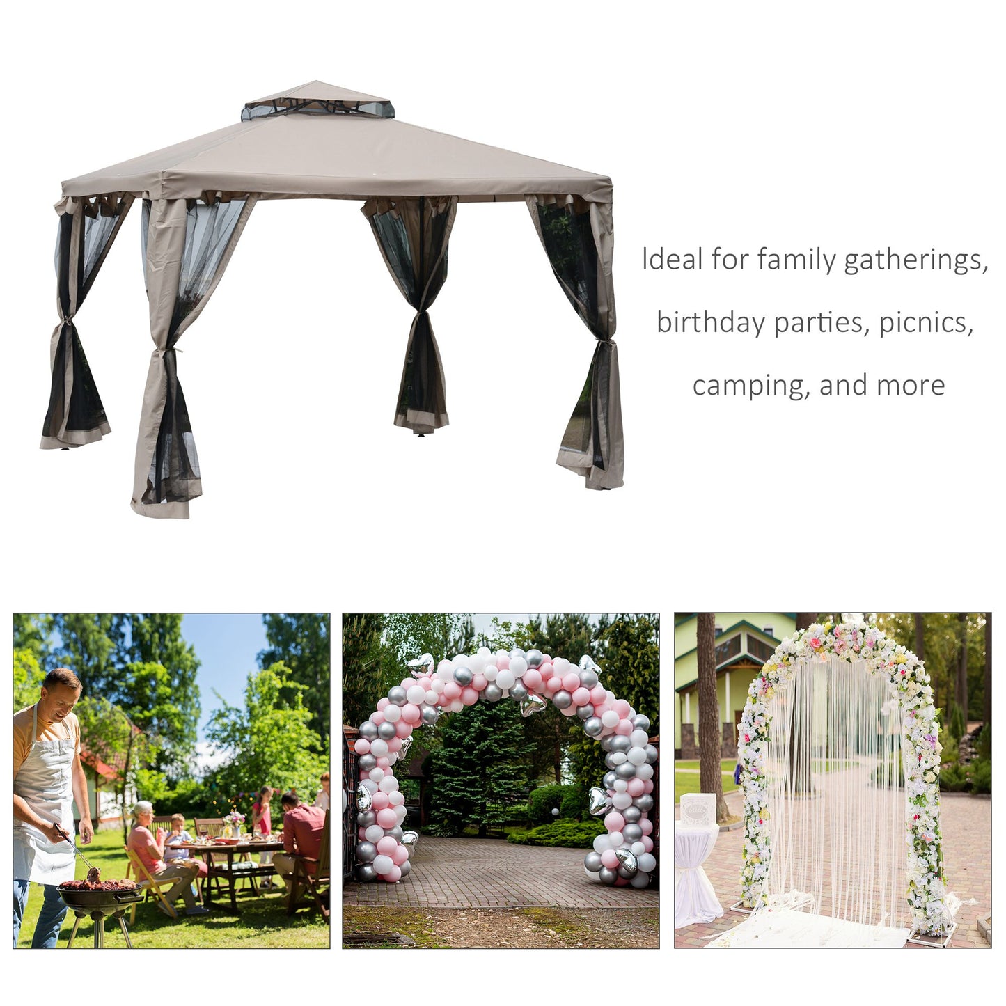 10' x 10' Patio Gazebo Pavilion, 2-Tier Roof Canopy Outdoor Event Party Tent with Steel Frame for Garden, Yard and Sun S