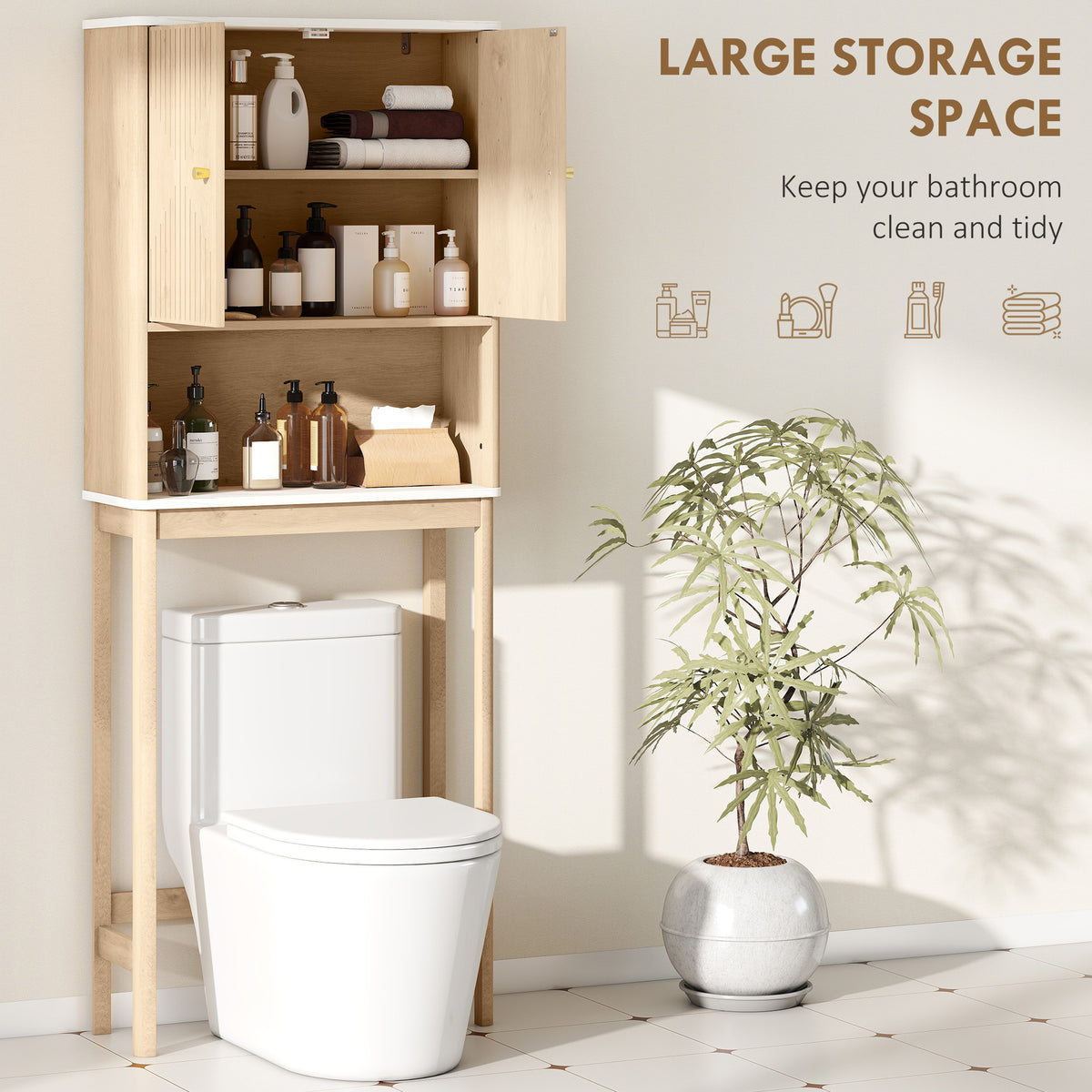 Over The Toilet Storage Cabinet with Adjustable Shelf, Open Shelf and Adjustable Bottom Bar, Oak