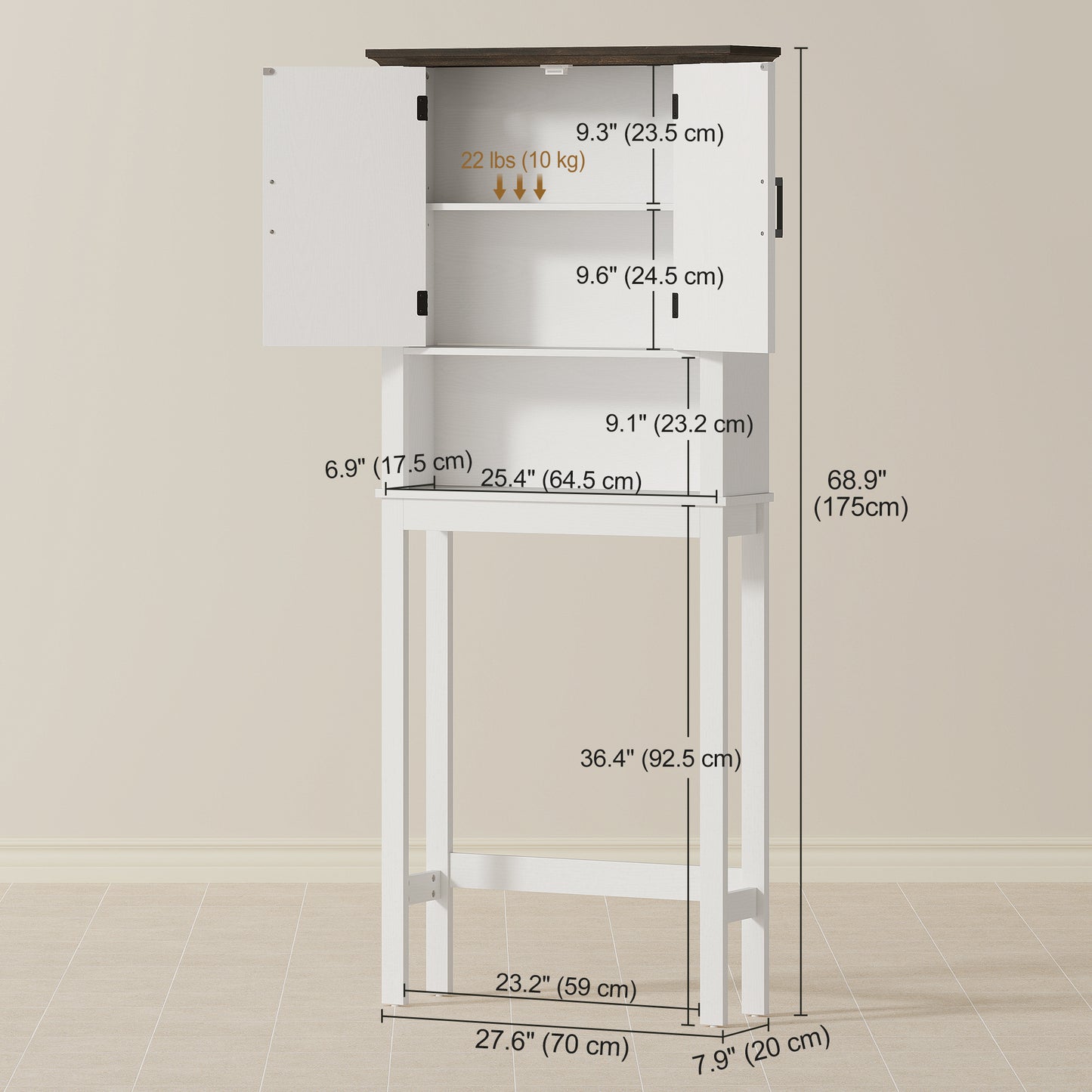 Over The Toilet Storage, Bathroom Cabinet Over Toilet with Open Shelf and Adjustable Bottom Bar, White