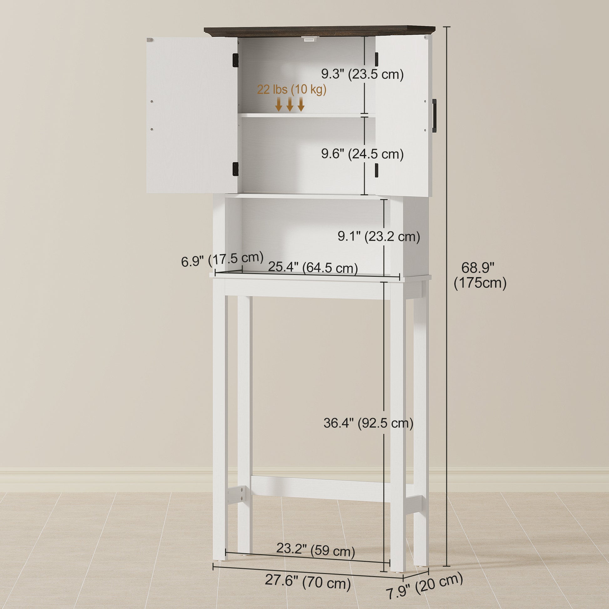 Over The Toilet Storage, Bathroom Cabinet Over Toilet with Open Shelf and Adjustable Bottom Bar, White