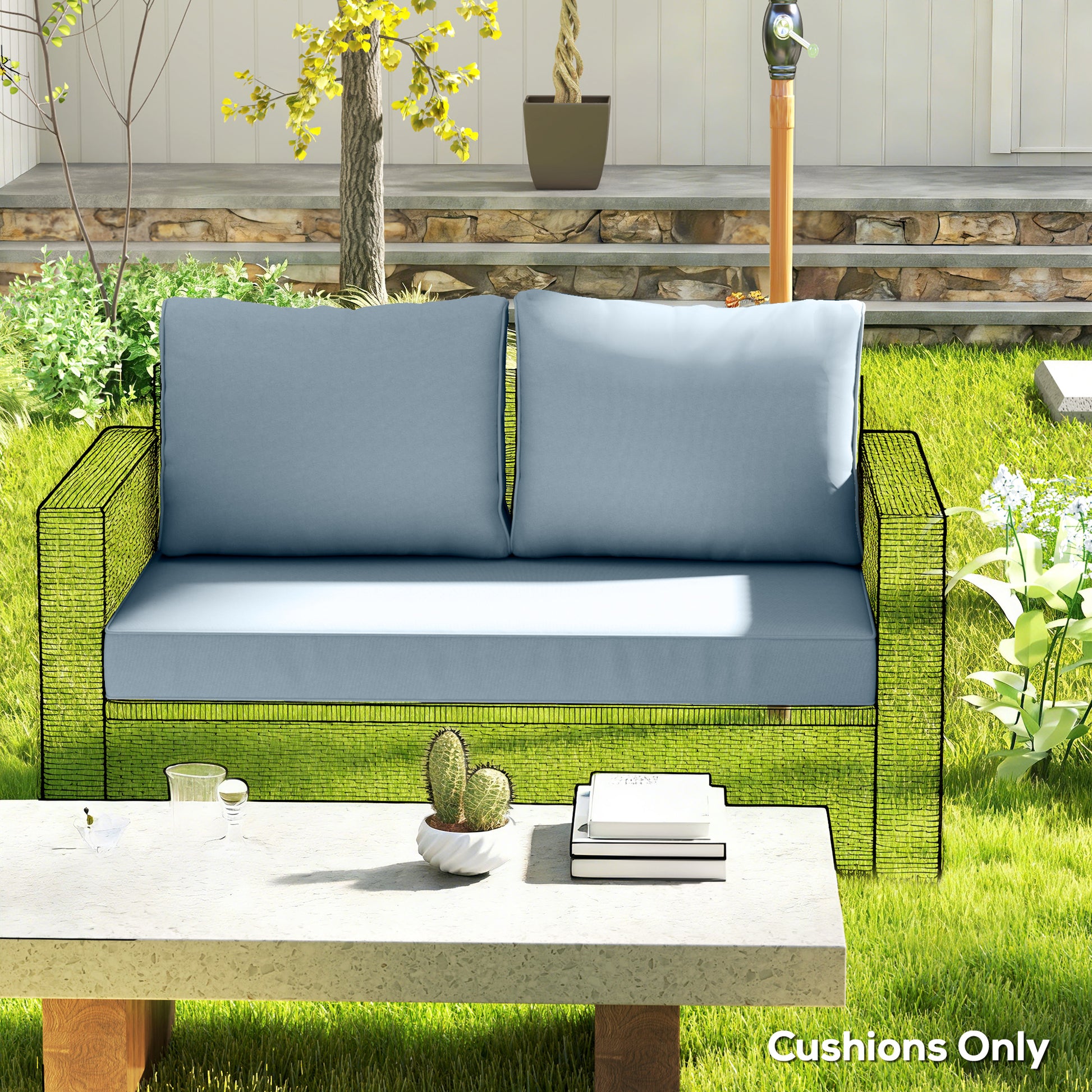 Outdoor Seat Cushions with Backrest, Loveseat Double Sofa Outdoor Furniture Cushions, Light Blue