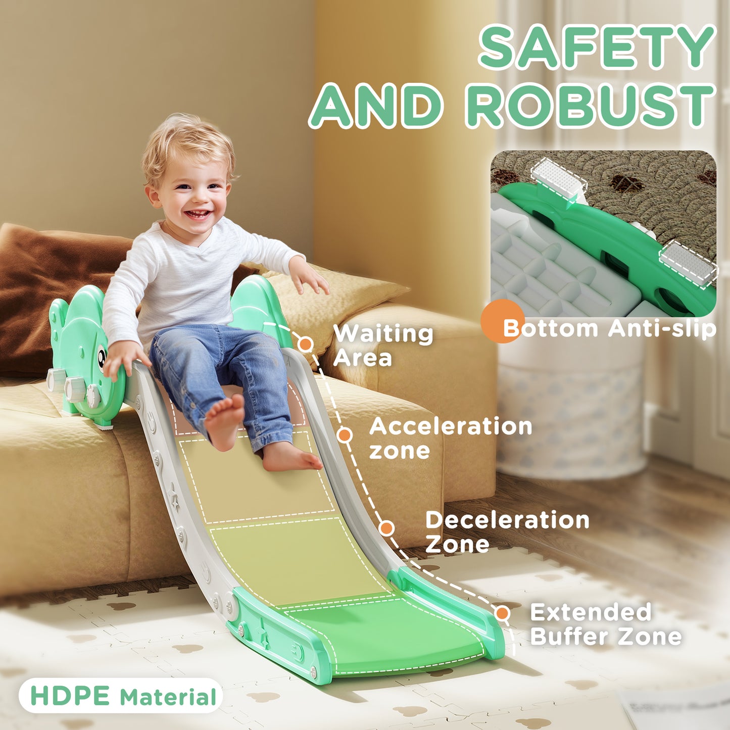 Qaba Toddler Couch Slide for Bed, Sofa, Stairs, Easy Assemble & Storage, for 18-48 Months, Green
