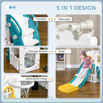 Qaba 5 in 1 Toddler Slide with Basketball Hoop, Climber, Telescope, Storage Basket, for 1-3 Years Kids Indoor Use, Yello