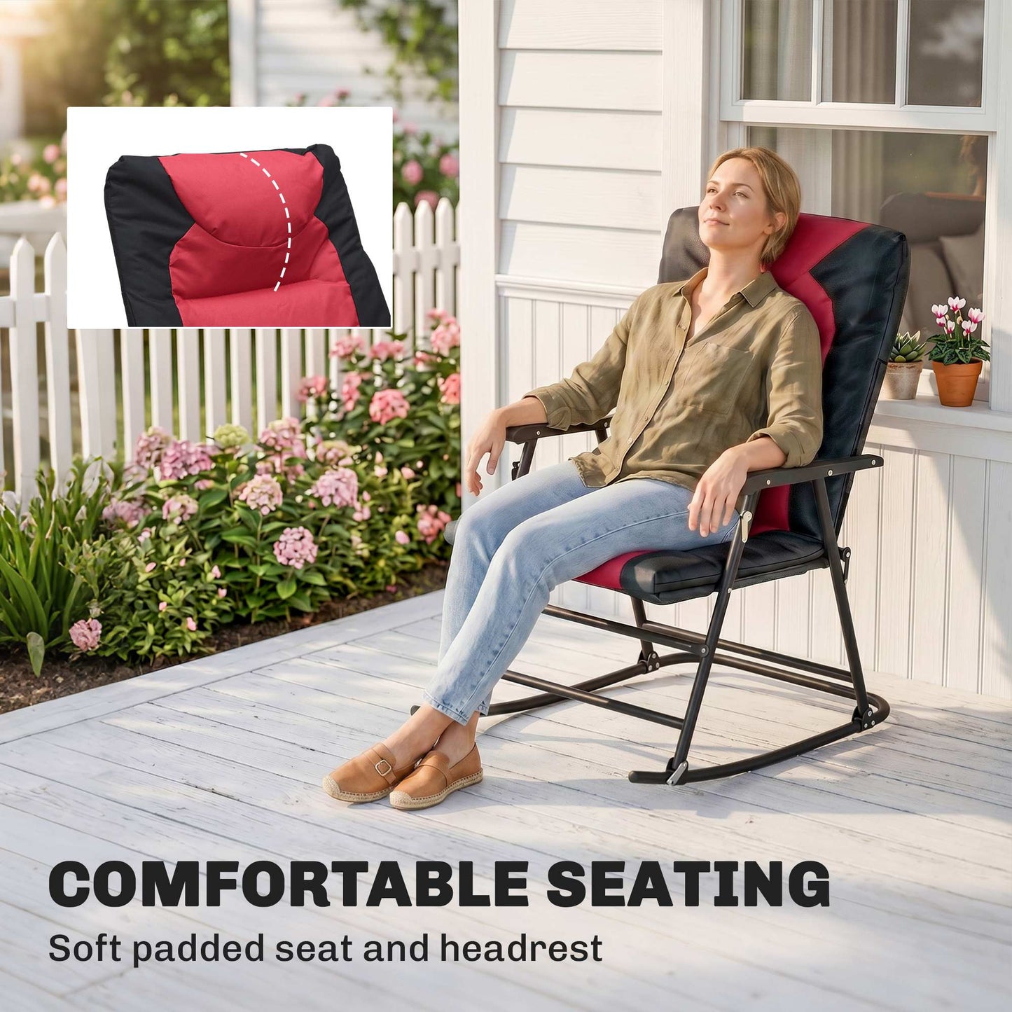 3pc Patio Foldable Rocking Chair Set, Outdoor Rocking Chairs and Table Bistro Set w/ Padded Seat, Headrest, Backrest for