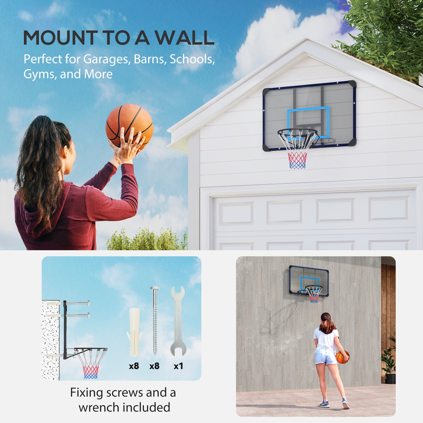 Soozier Wall Mounted Basketball Hoop, Mini Hoop with 45" x 29" Shatter Proof Backboard, Durable Rim and All-Weather Net 