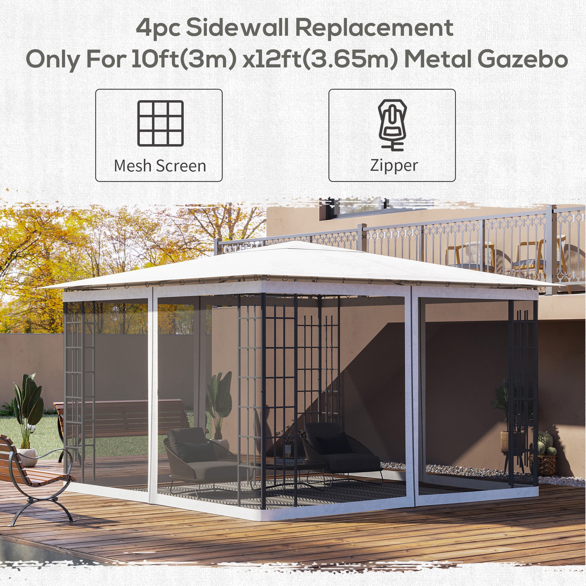 Replacement Mosquito Netting for Gazebo 10' x 12' Black Screen Walls for Canopy with Zippers, White