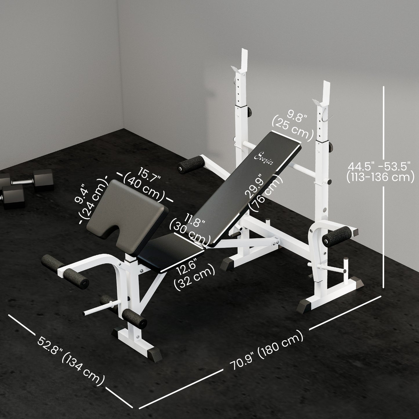 Soozier Bench Press Set Adjustable Weight Bench with Squat Rack, Preacher Curl Pad, Leg Developer and Weight Storage, Wh
