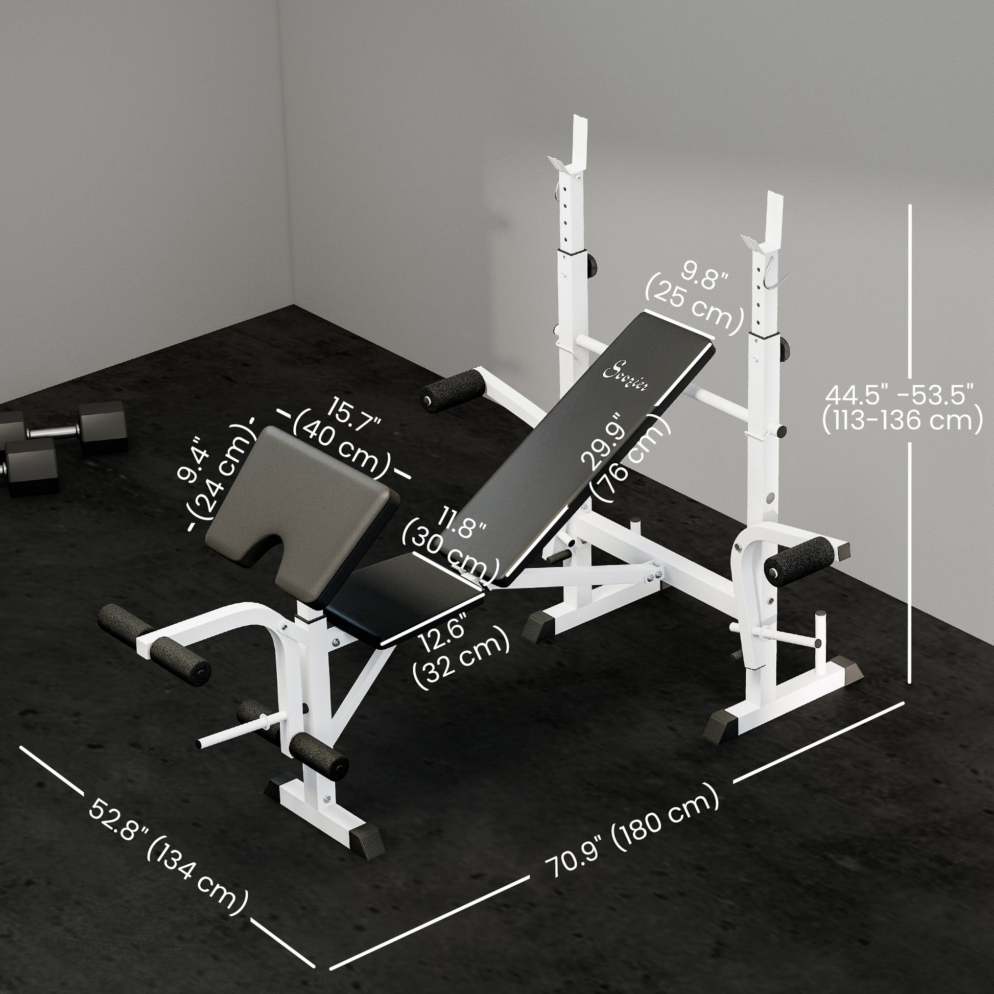 Soozier Bench Press Set Adjustable Weight Bench with Squat Rack, Preacher Curl Pad, Leg Developer and Weight Storage, Wh
